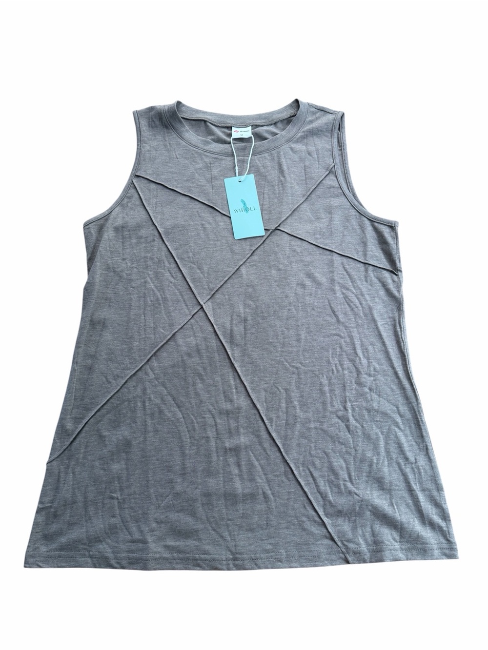 WIHOLL Women's Gray Sleeveless Tank Top Geometric Stitch Casual Crew Neck Size M